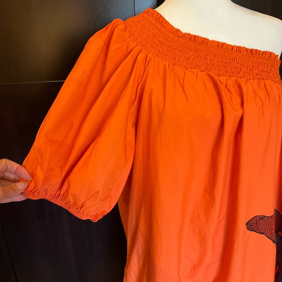 Anthropology One-Shoulder Embroidered Maxi Dress 2 pockets. 100% cotton Orange L - Picture 6 of 13